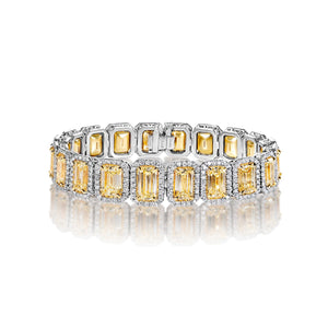 Priscilla 36 Carats Yellow Emerald Cut Halo Diamond Tennis Bracelet in 18k White Gold Full View