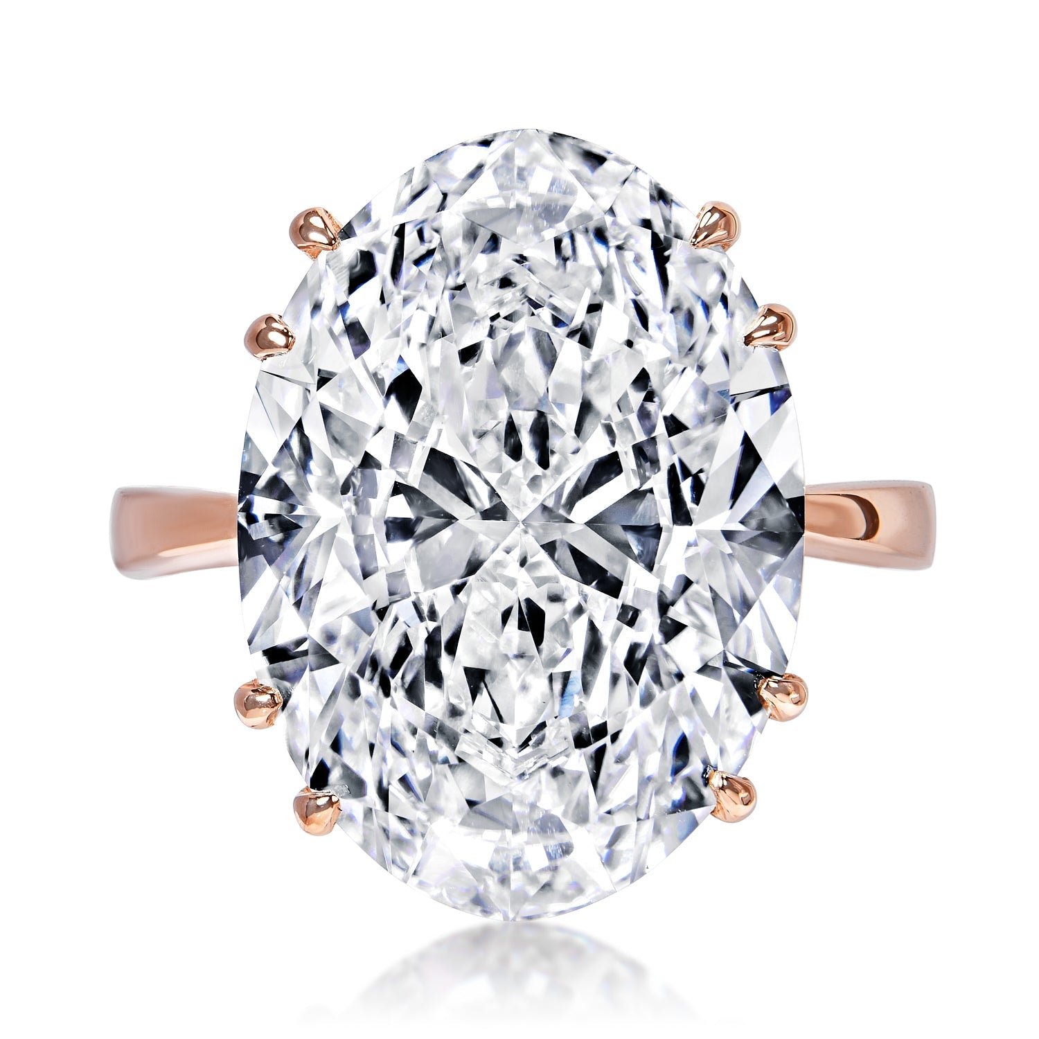 Lucinda 15 Carats D VS1 Oval Cut Lab Grown Diamond Engagement Ring in 18k Rose Gold Front View