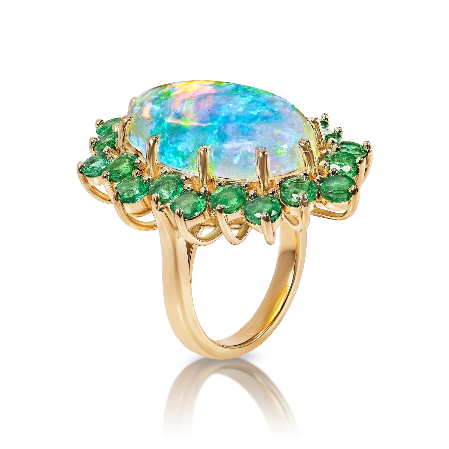 Arleth 14 Carats Opal Cabochon Cut Engagement Ring with Halo Round Green Emerald Side View