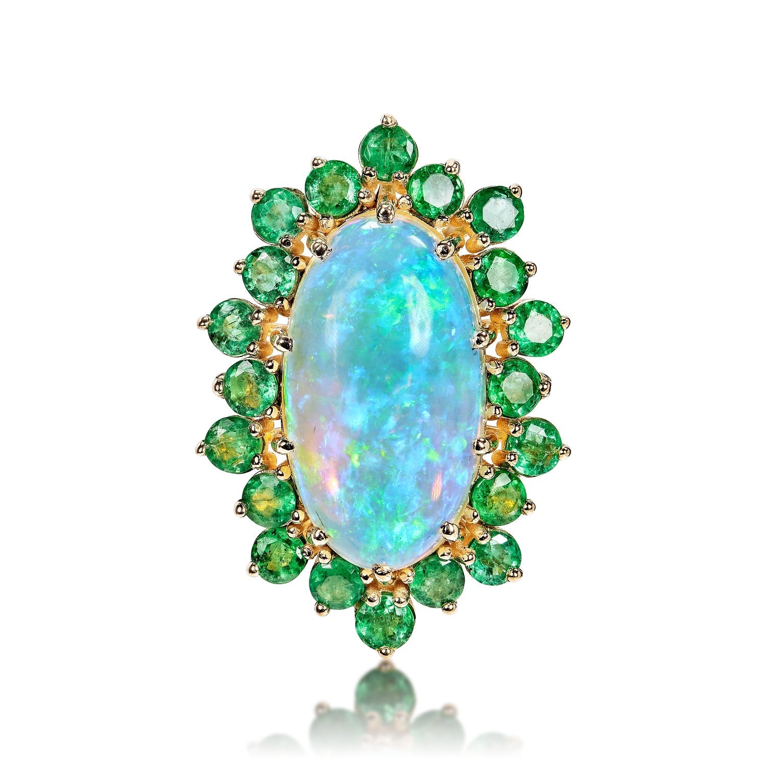 Arleth 14 Carats Opal Cabochon Cut Engagement Ring with Halo Round Green Emerald Front View