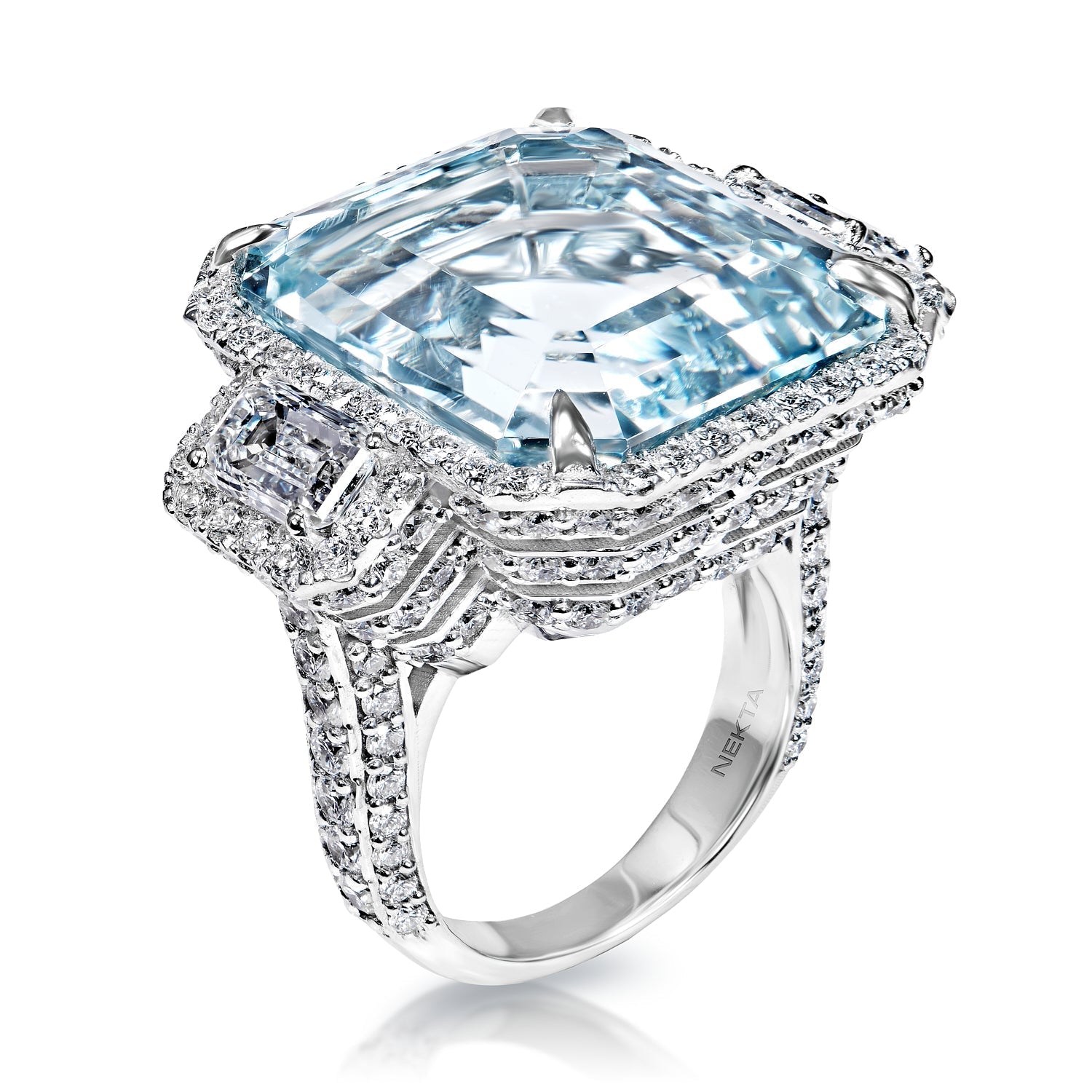 Lyndy 23 Carat AA Aquamarine Emerald Cut Lab Grown Diamond Engagement Ring in 14k White Gold Side View