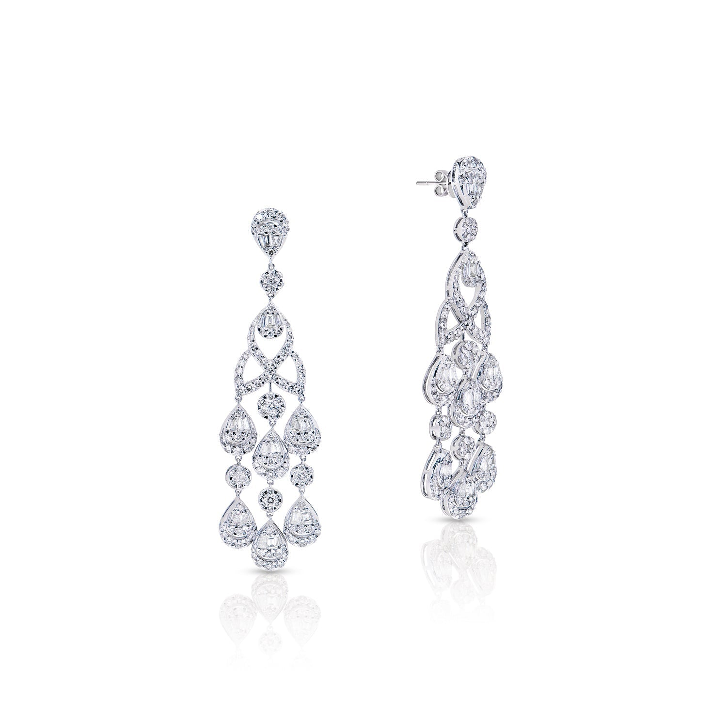 Kailani 6 Carat Combine Mix Shape Diamond Chandelier Earrings in 14k White Gold Front and Side View