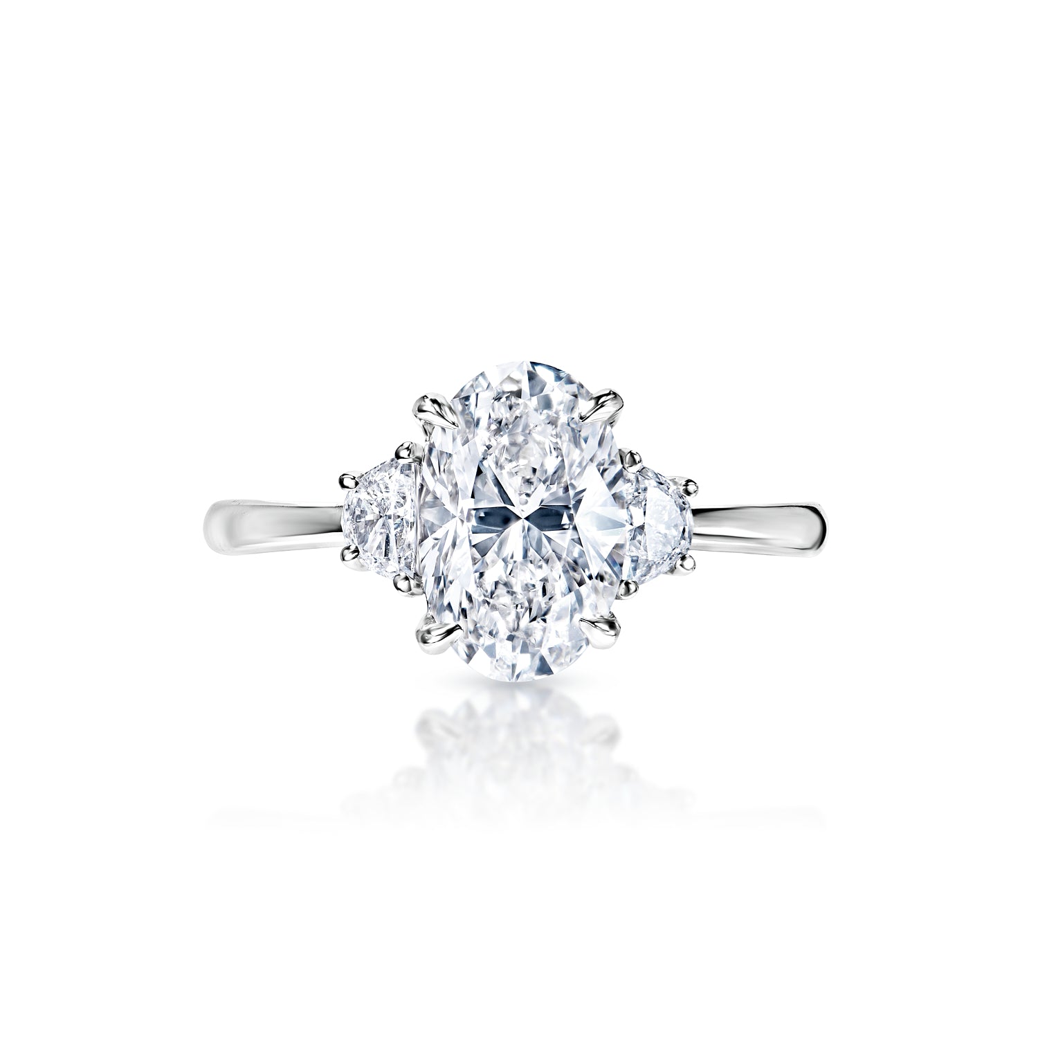 Mckenna 2 Carat G VVS1 Oval Cut Diamond Half Moon Three Stone Engagement Ring in Platinum Front View