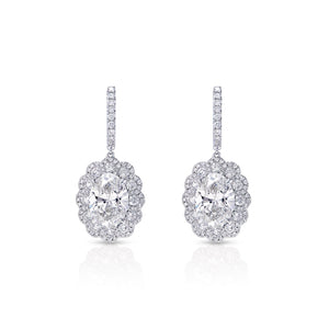Luanna 11 Carat I VS1 Oval Cut Lab-Grown Halo Diamond Hanging Earrings in 18k White Gold Front View