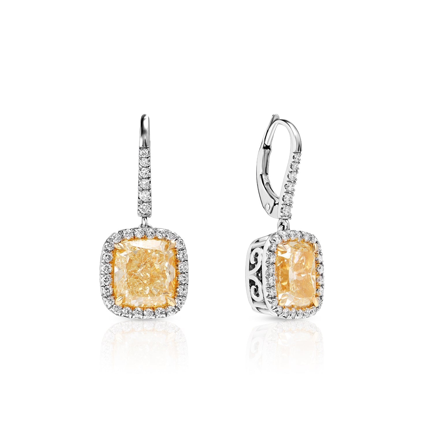 Amaia 7 Carat Yellow Cushion Cut Halo Diamond Leverback Hanging Earrings in Platinum Front and Side View