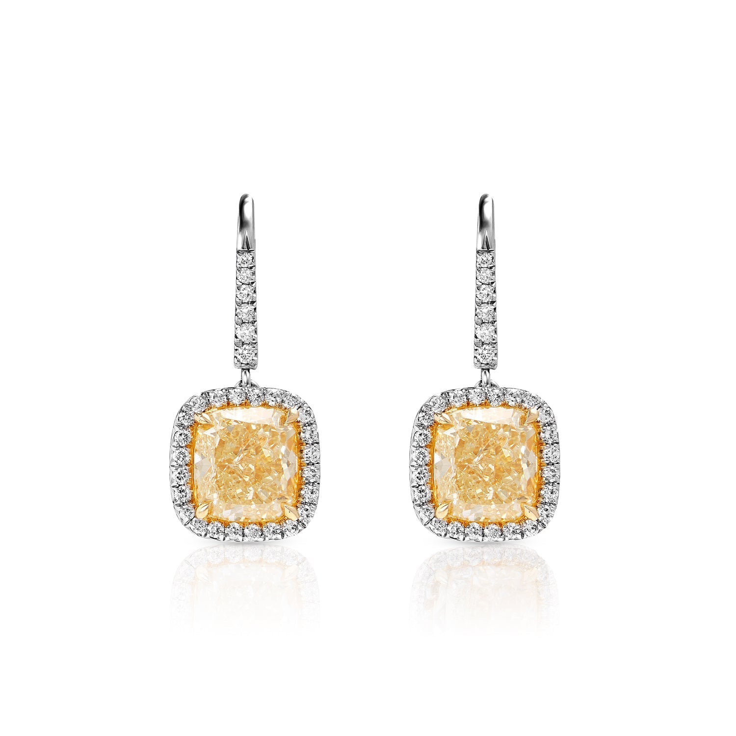 Amaia 7 Carat Yellow Cushion Cut Halo Diamond Leverback Hanging Earrings in Platinum Front View
