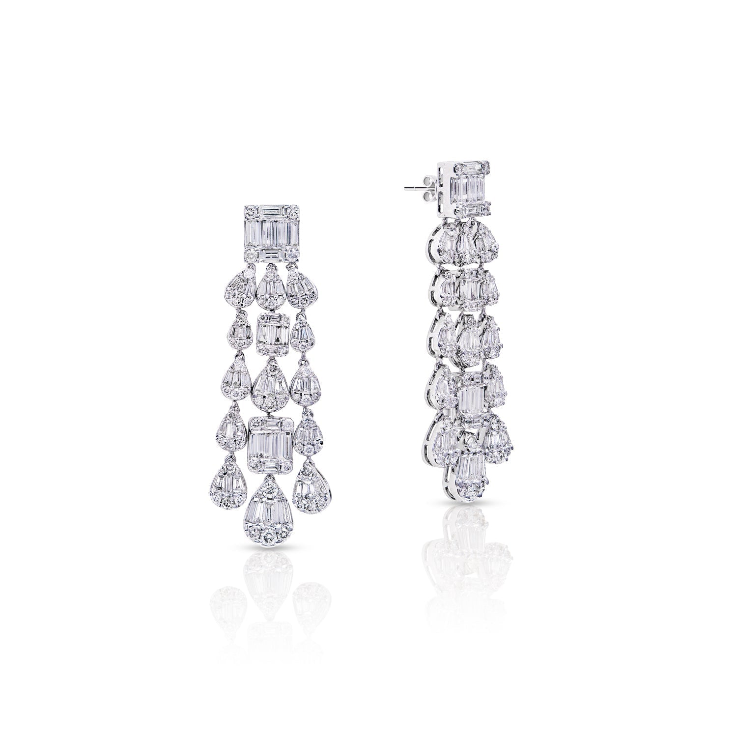 Kendra 6 Carat Combine Mix Shape Diamond Chandelier Earrings in 14k White Gold Front and Side View