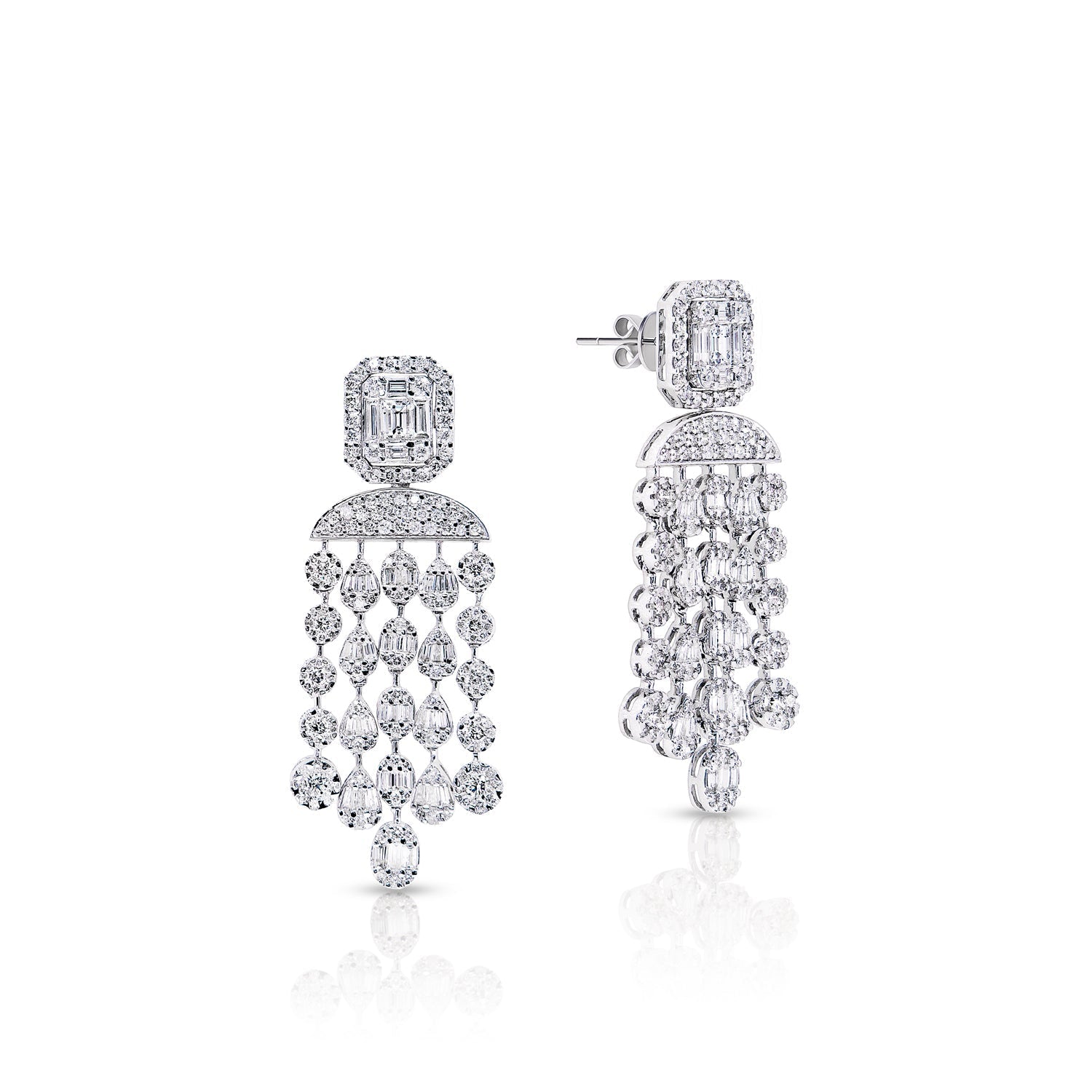 Fallon 5 Carat Combine Mix Shape Diamond Hanging Earrings in 14k White Gold Front and Side View
