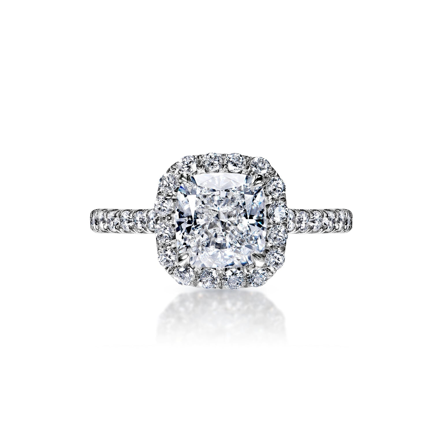 Mallory 3 Carat E VS2 Cushion Cut Diamond Engagement Ring in Platinum Front View