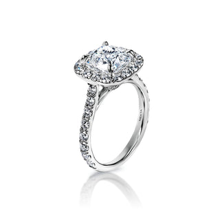 Shelby 3 Carat G VS2 Cushion Cut Diamond Engagement Ring in 18k White Gold Side View