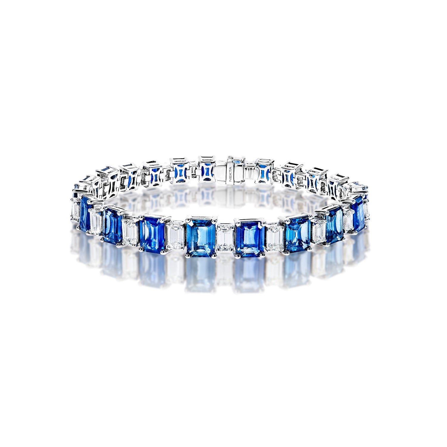 Dallas 28 Carat Blue Emerald Cut Sapphire and Diamond Single Row Bracelet Full View