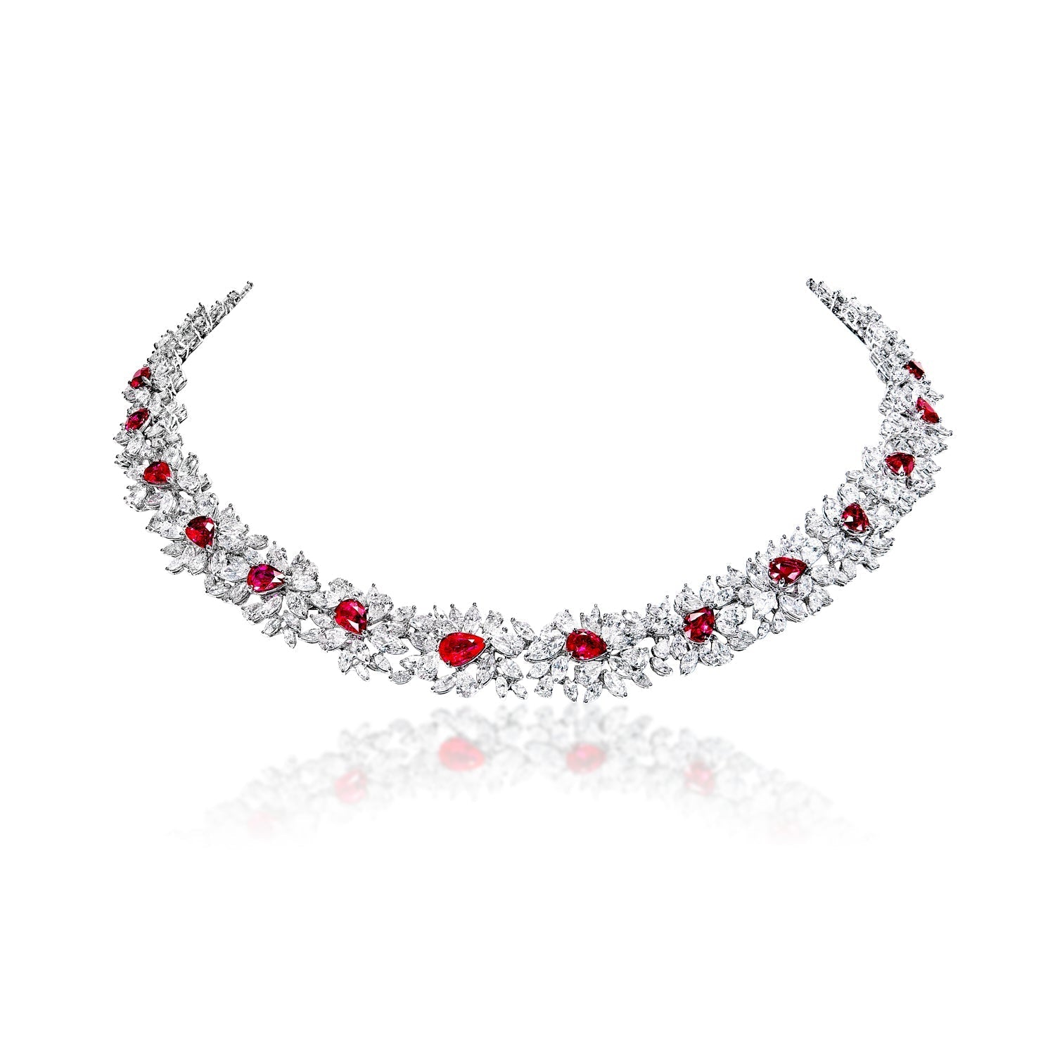 Briana 43 Carats Red Pear Shape Ruby Diamond Necklace Full View