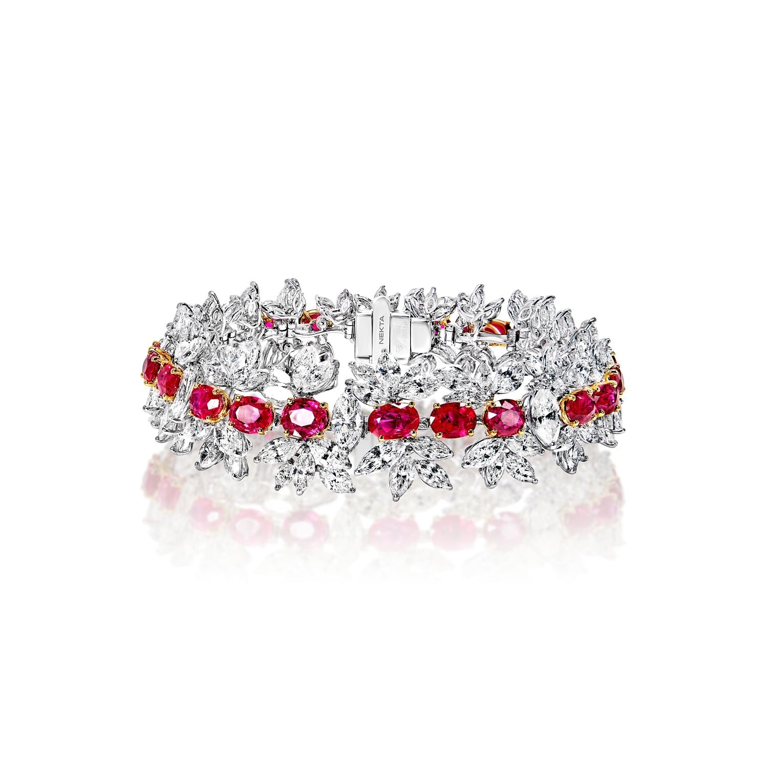 Aleah 42 Carats Red Oval Cut Single Row Ruby and Diamond Bracelet Full View