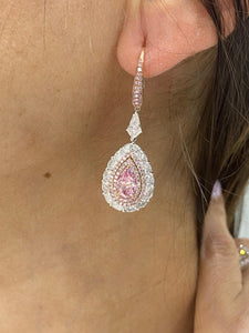 Julie 5 Carat Light and Faint Pink VS1-SI1 Pear Shape Diamond Hanging Earrings in 18k White & Rose Gold