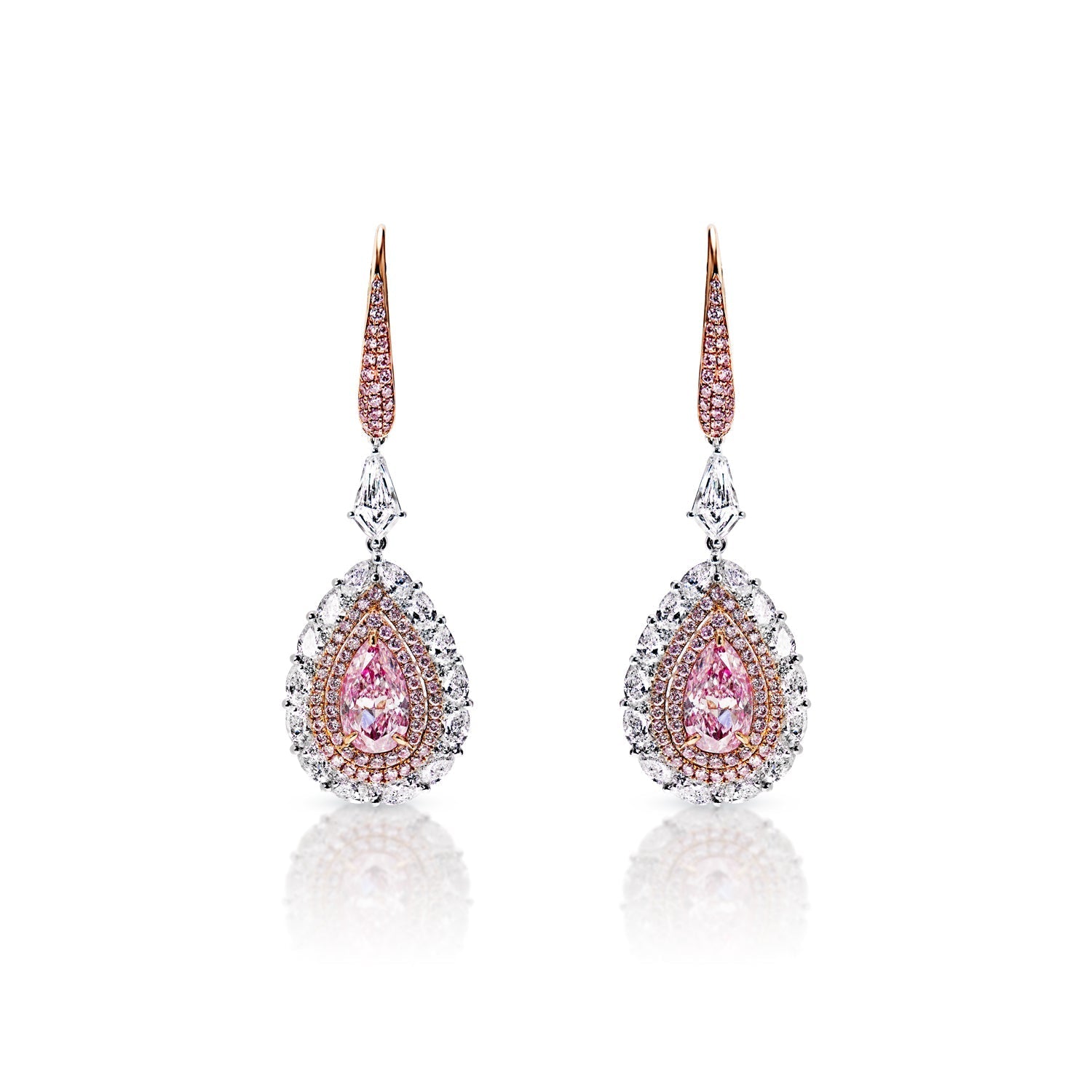 Julie 5 Carat Light and Faint Pink VS1-SI1 Pear Shape Diamond Hanging Earrings in 18k White & Rose Gold Front View