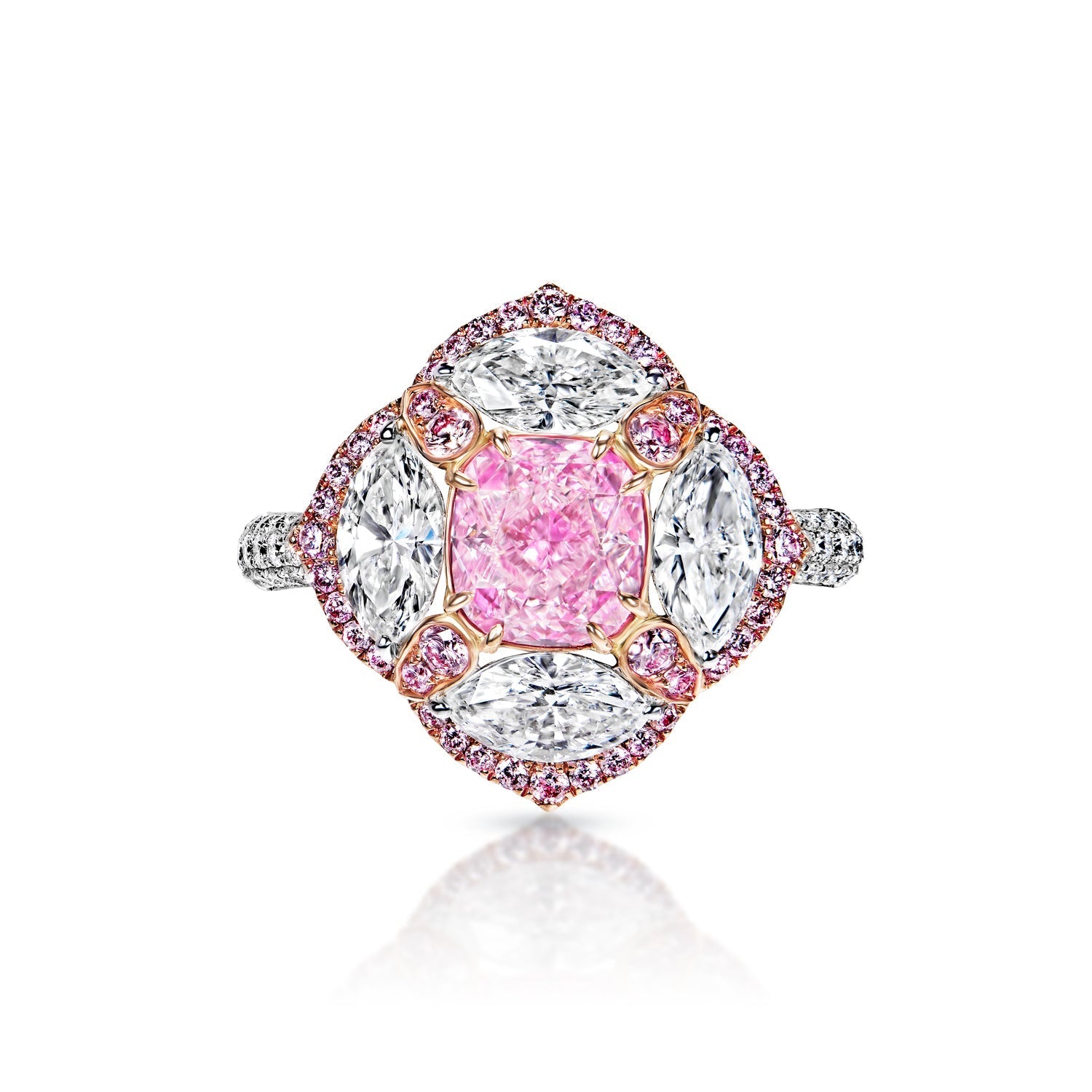 Virginia 3 Carat Very Light Pink Cushion Cut Diamond Engagement Ring in White Gold & Rose Gold Front View