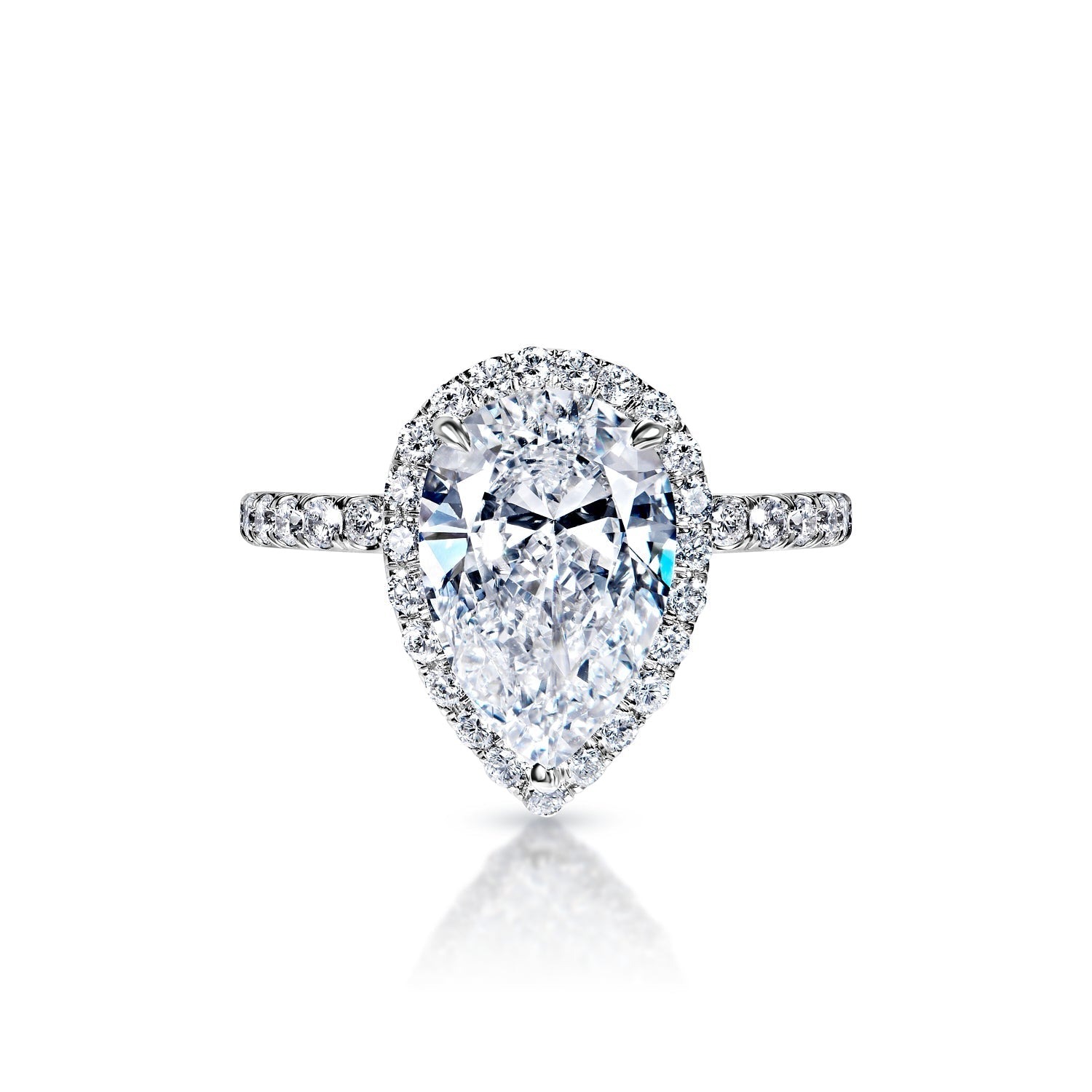 Sunny 4 Carat D VVS2 Pear Shape Diamond Engagement Ring in Platinum By Mike Nekta Front View