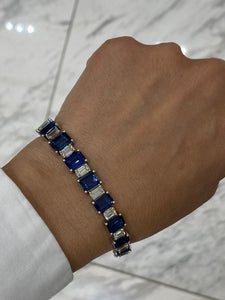 Dallas 28 Carat Blue Emerald Cut Sapphire and Diamond Single Row Bracelet on wrist