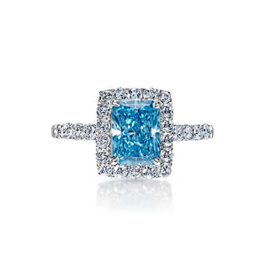 LYDIA 2 Carat Fancy Vivid Greenish Blue VS1 Radiant Cut Lab Grown Diamond Engagement Ring in 14k White Gold Front View
