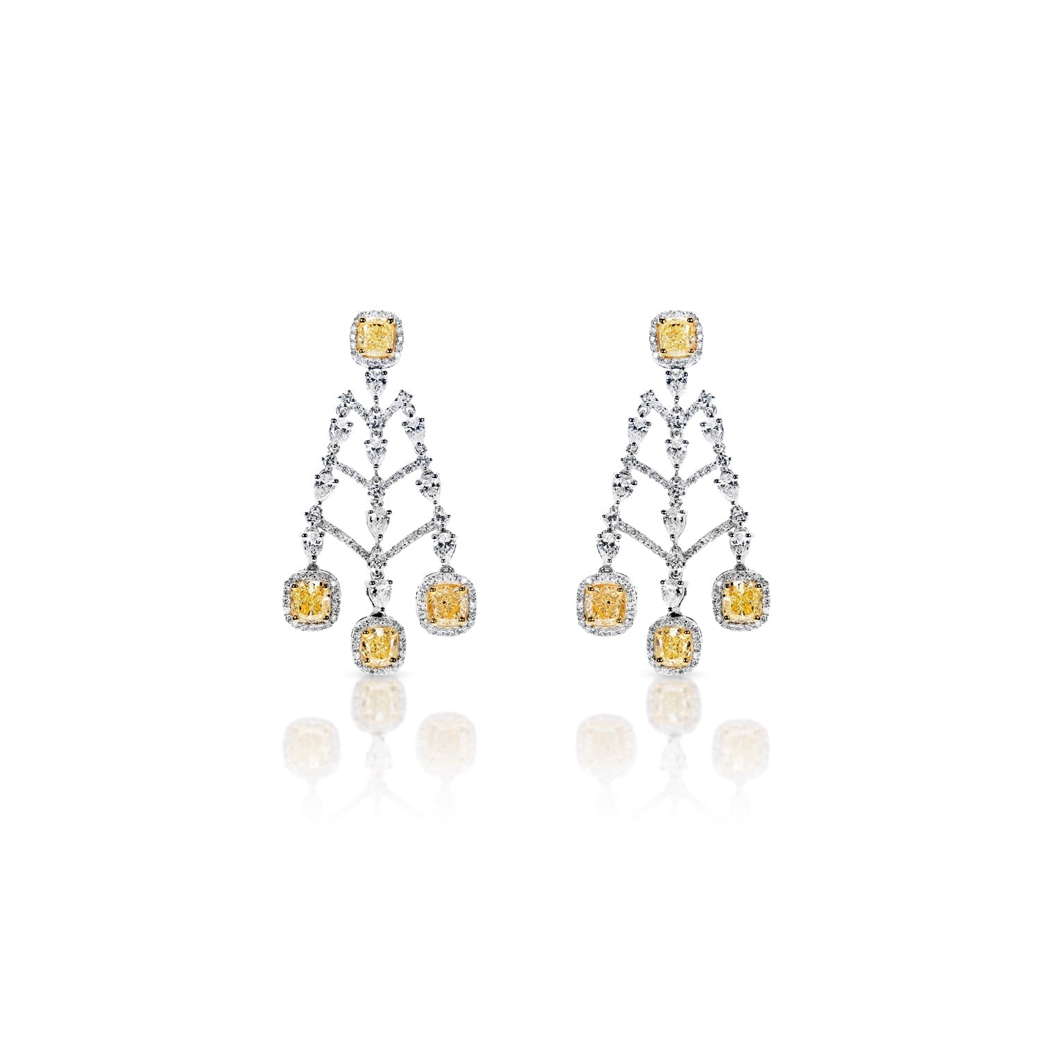 Collins 8 Carat Yellow Combine Mix Shape Diamond Hanging Earrings in 18k White Gold Front View
