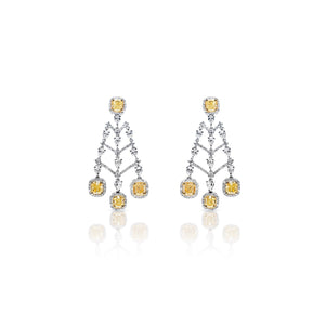 Collins 8 Carat Yellow Combine Mix Shape Diamond Hanging Earrings in 18k White Gold Front View