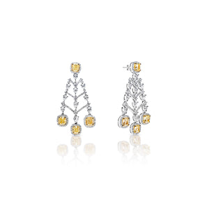 Collins 8 Carat Yellow Combine Mix Shape Diamond Hanging Earrings in 18k White Gold Front and Side View