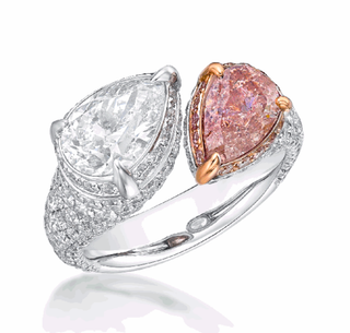 4 Carat Pear Shaped Fancy Pink and white Diamond Ring in 18k white gold 3 prong set