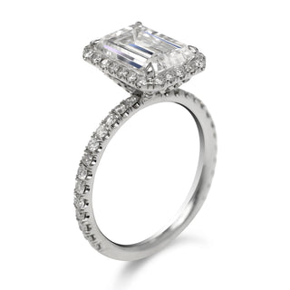 Diamond Ring Emerald Cut 7 Carat Halo Ring in Platinum Side View