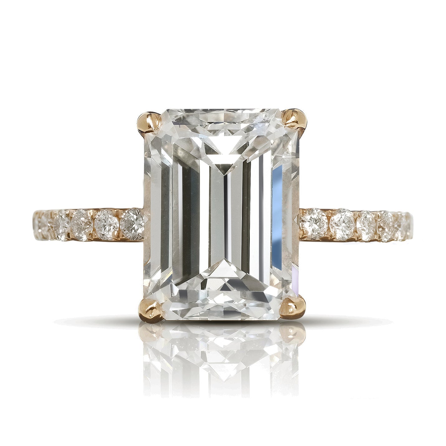 Diamond Ring Emerald Cut 4 Carat Sidestone Ring in 18k Rose Gold Front View