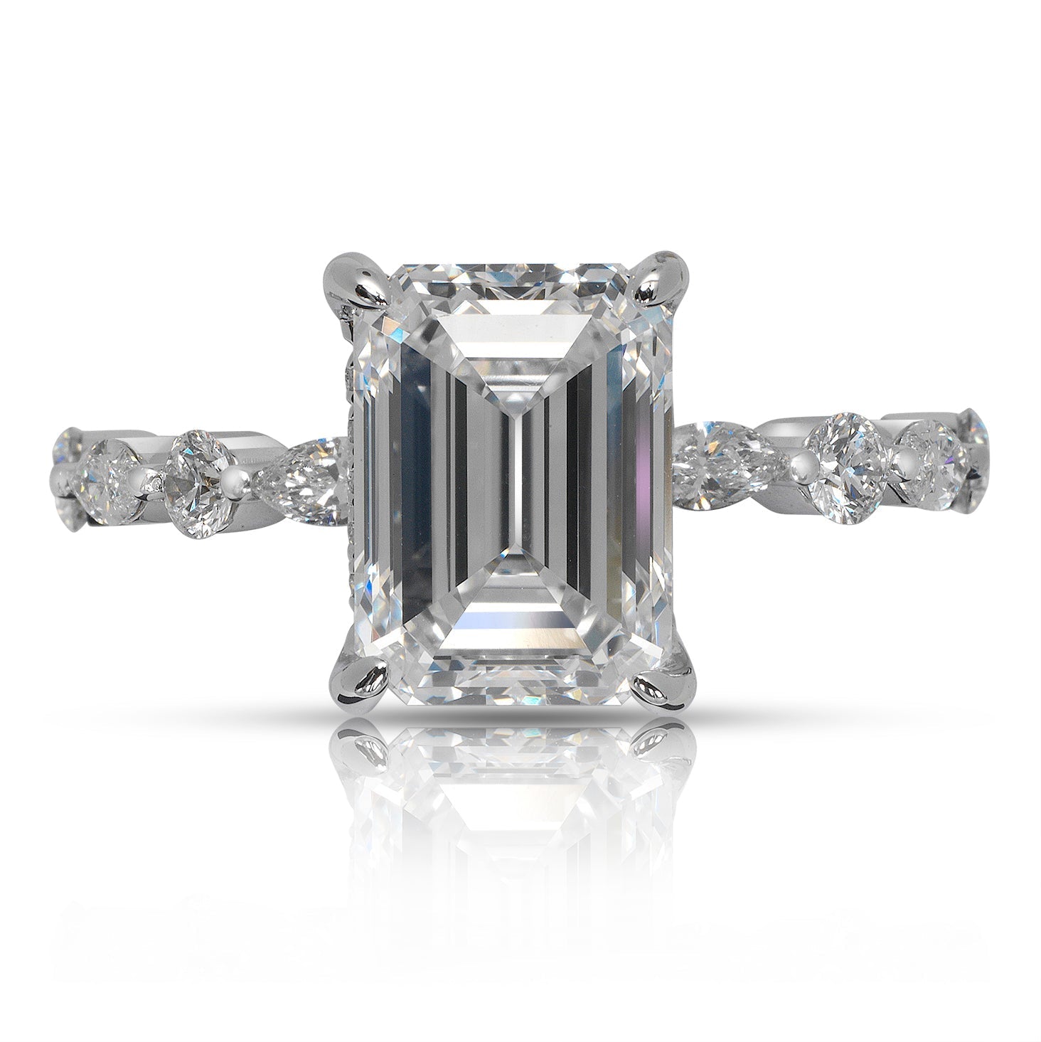 Diamond Ring Emerald Cut 4 carat Solitaire Ring in 18K White Gold Front View