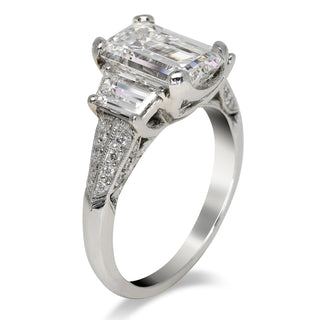 Diamond Ring Emerald Cut 4 Carat Three Stone in Platinum Side View
