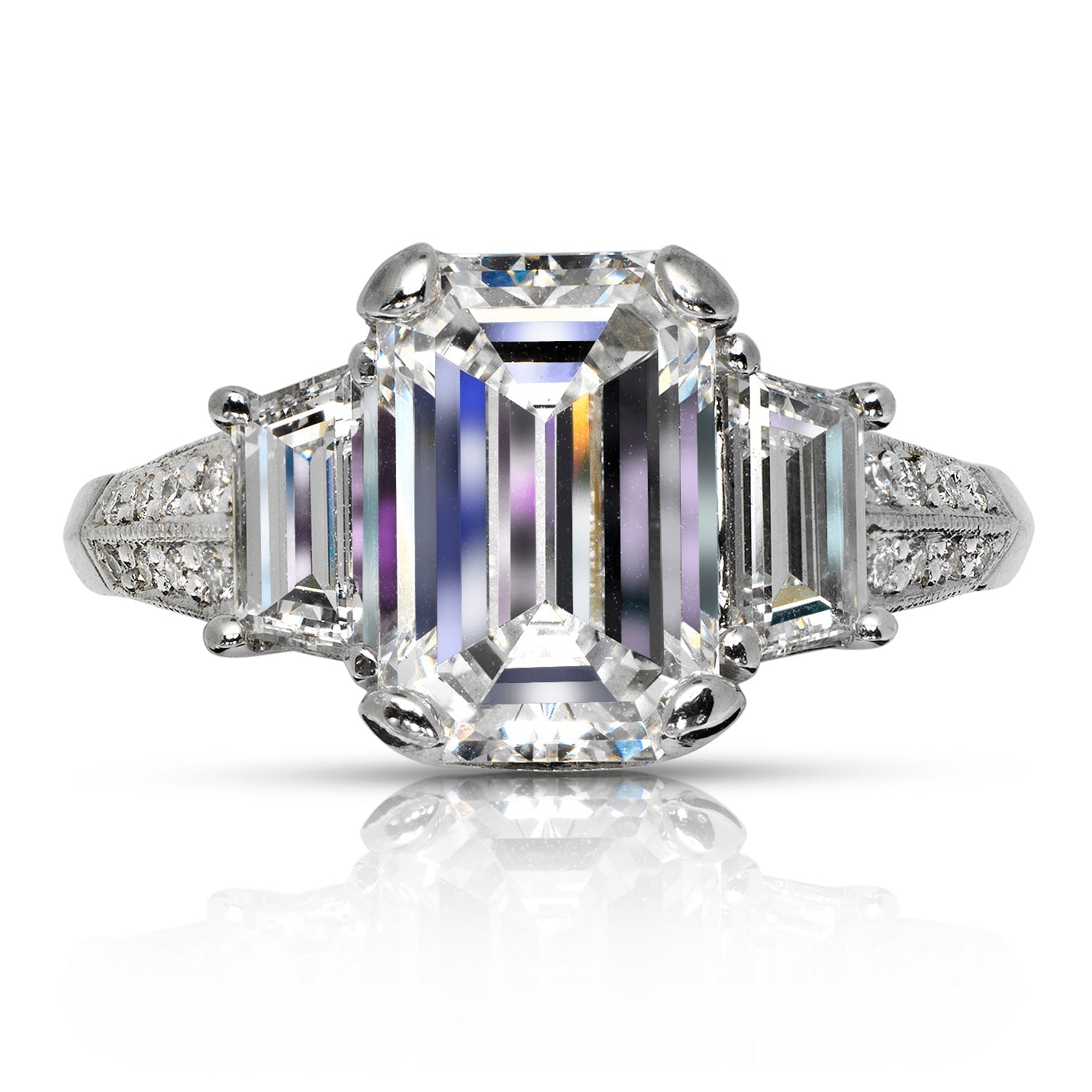 Diamond Ring Emerald Cut 4 Carat Three Stone in Platinum Front View