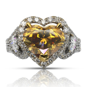Yellow Diamond Ring Heart-Shaped 4 Carat Halo Ring in 18K  White Gold Front View