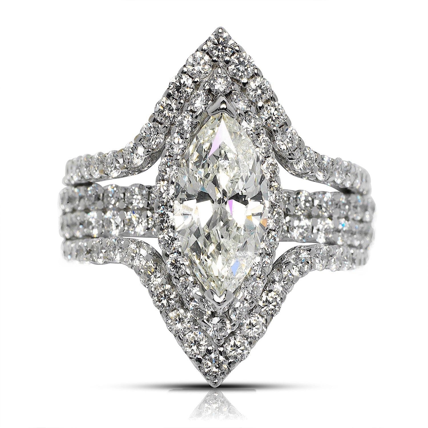 Diamond Ring Marquise Cut 4 Carat Halo Ring in 18K White Gold Front View