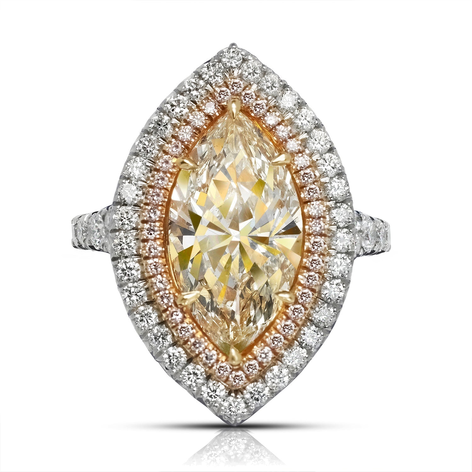 Yellow Diamond Ring Marquise Cut 4 Carat  Halo Ring in 18KW Front View