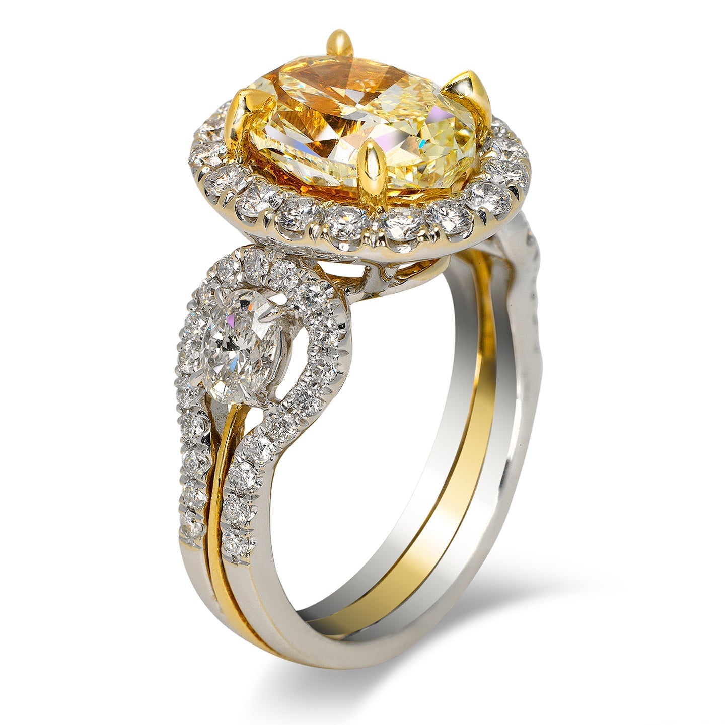 Light Yellow Diamond Ring Oval Cut Halo Ring in 18K White Gold Side View