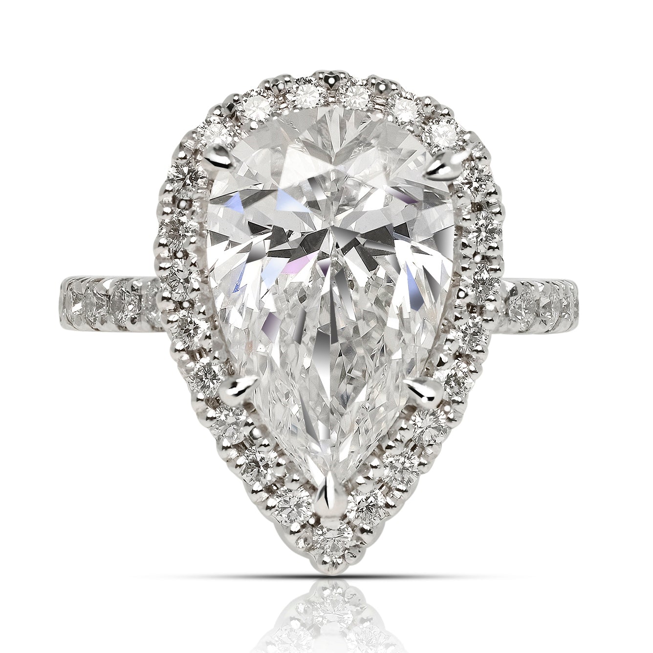 Diamond Ring Pear Shape Cut 4 Carat Halo Ring in Platinum Front View