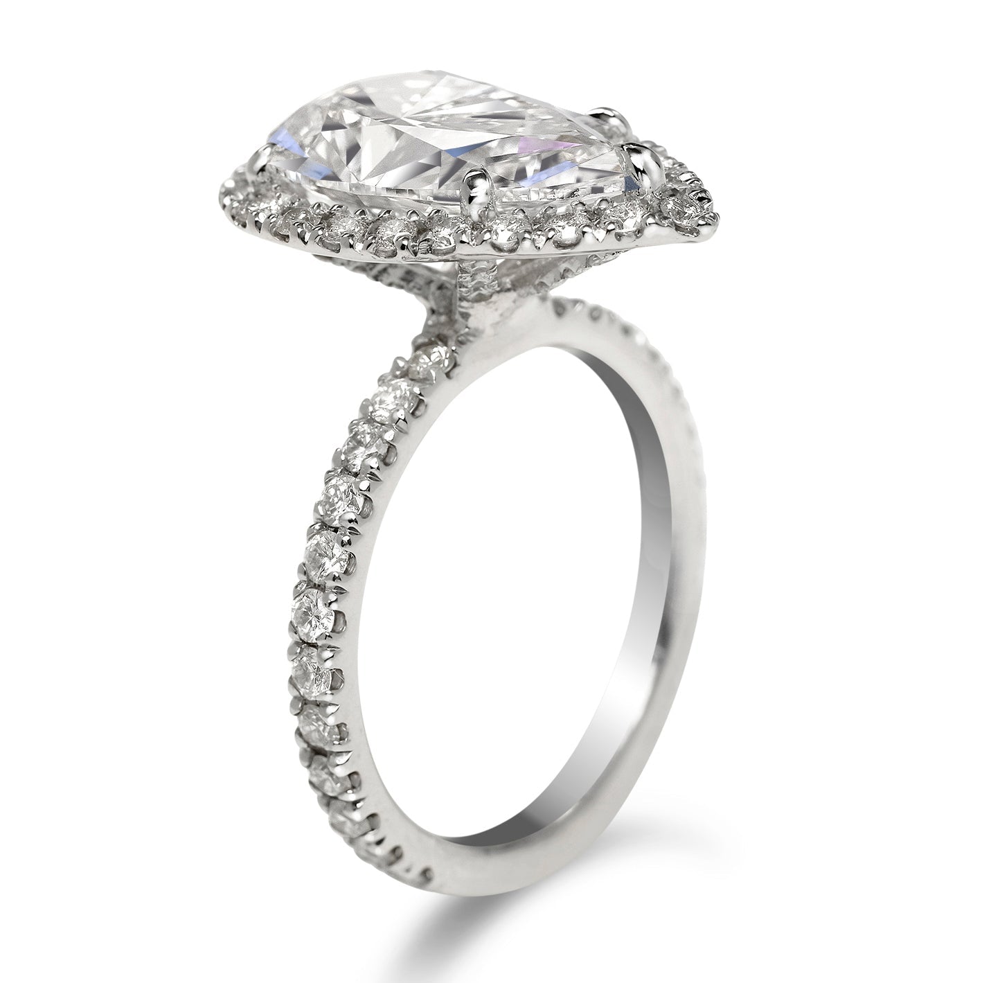 Diamond Ring Pear Shape Cut 4 Carat Halo Ring in Platinum Side View