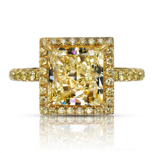 Yellow Diamond Ring Princess Cut 4 Carat Halo Ring in 18K Yellow Gold Front View