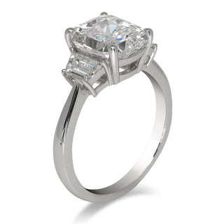 Diamond Ring Radiant Cut 4 Carat Three Stone Ring in Platinum Side View