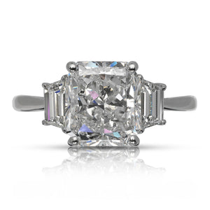 Diamond Ring Radiant Cut 4 Carat Three Stone Ring in Platinum Front View