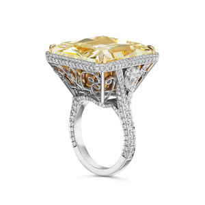 Fancy Yellow Diamond Ring Radiant Cut 40 carat Halo Ring in Platinum & 18K Gold Side View