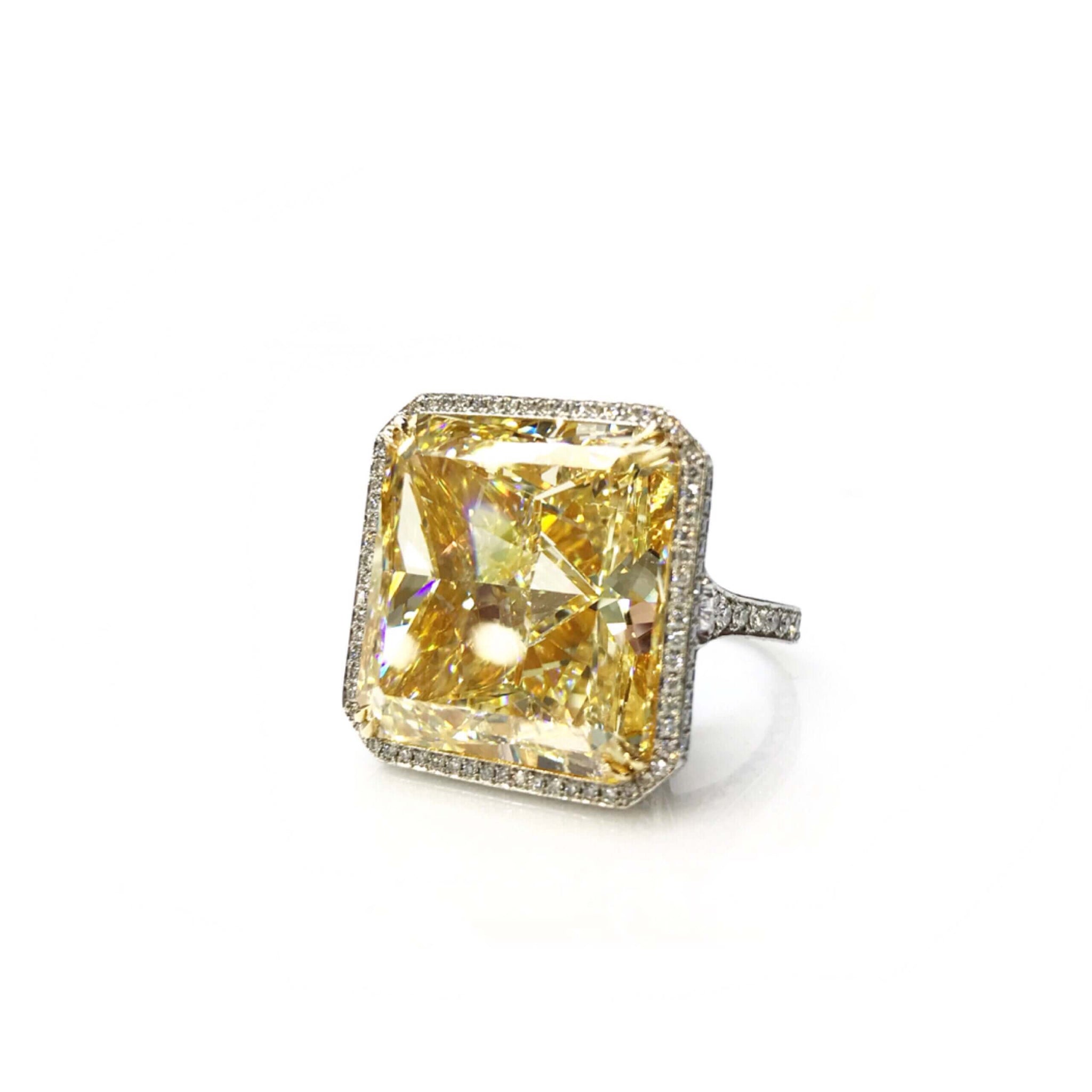 Fancy Yellow Diamond Ring Radiant Cut 40 carat Halo Ring in Platinum & 18K Gold Front View