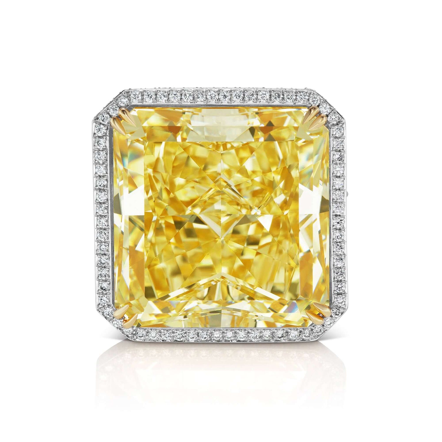 Fancy Yellow Big Diamond Ring Radiant Cut 40 carat Halo Ring in Platinum & 18K Gold Front View