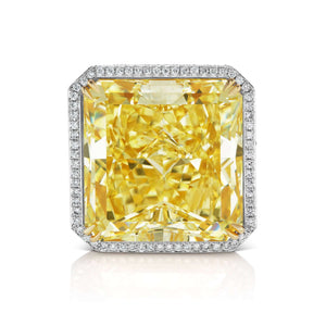Fancy Yellow Diamond Ring Radiant Cut 40 carat Halo Ring in Platinum & 18K Gold Front View