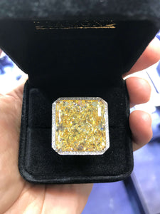 Fancy Yellow Diamond Ring Radiant Cut 40 carat Halo Ring in Platinum & 18K Gold  View on Box
