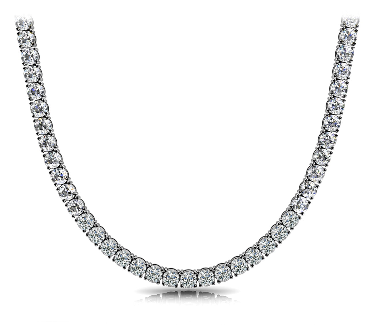 Diamond Tennis Necklace Round Cut 40 Carat 4 prong set in 18K White Gold Front View
