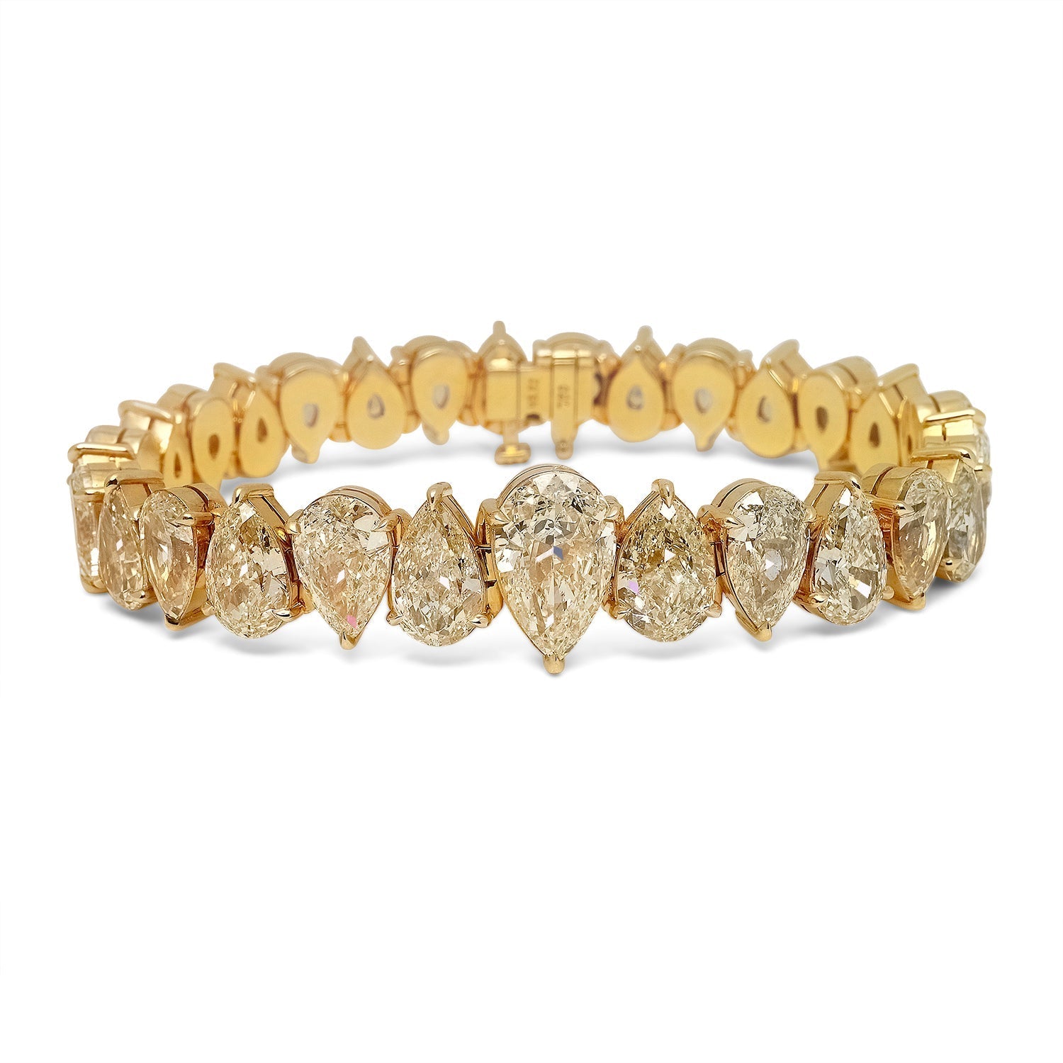 Yellow Diamond Bracelet Pear Shape Cut 44 Carat Inline Diamond Bracelet in 18K Yellow Gold Front View