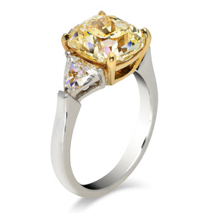 Fancy Yellow Diamond Ring Cushion Cut 5 Carat Three Stone Ring in Platinum & 18K Gold Side View