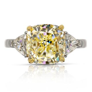 Fancy Yellow Diamond Ring Cushion Cut 5 Carat Three Stone Ring in Platinum & 18K Gold Front View